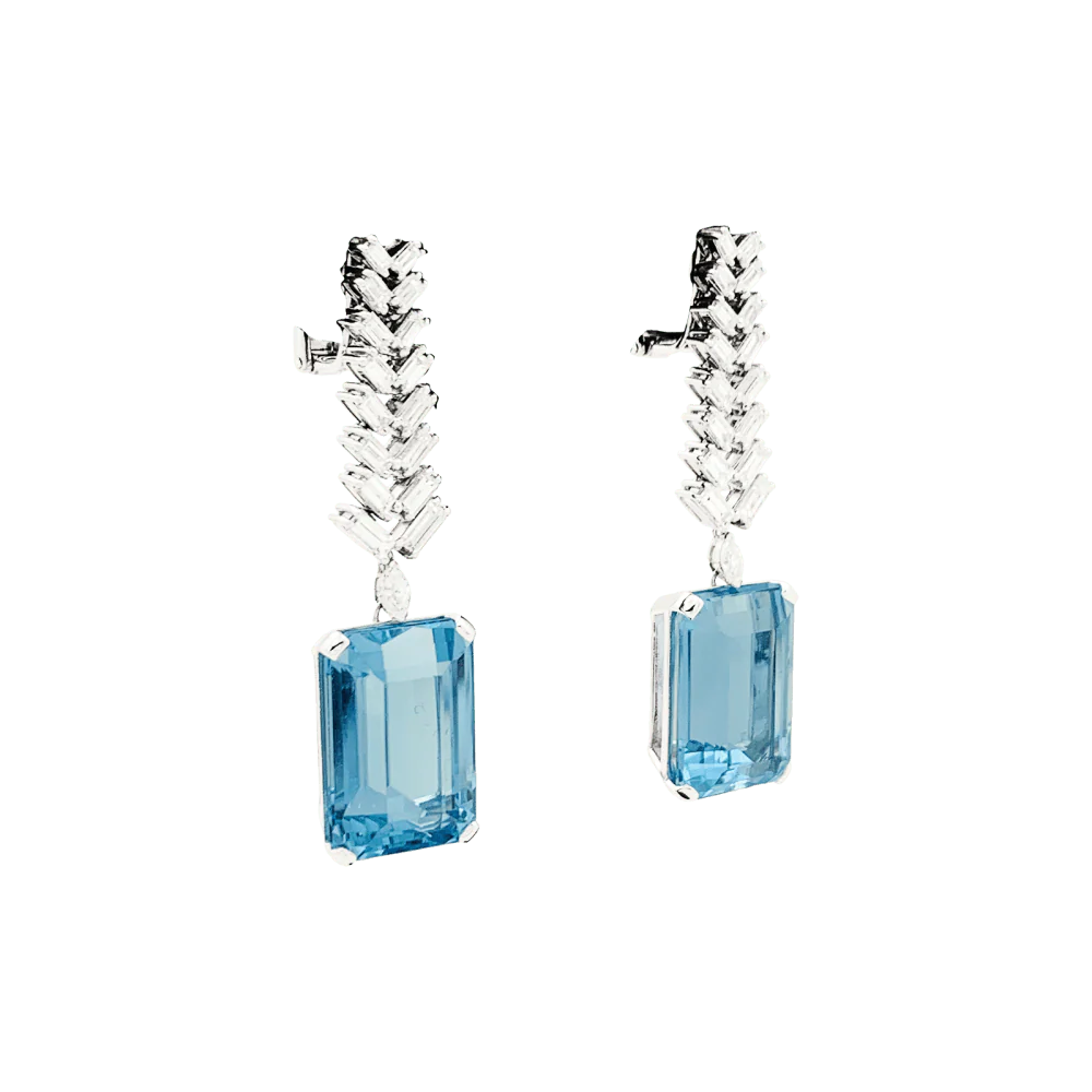 Boucles d'oreilles Pendantes en or blanc, platine, aigue-marine et diamants - Image 5