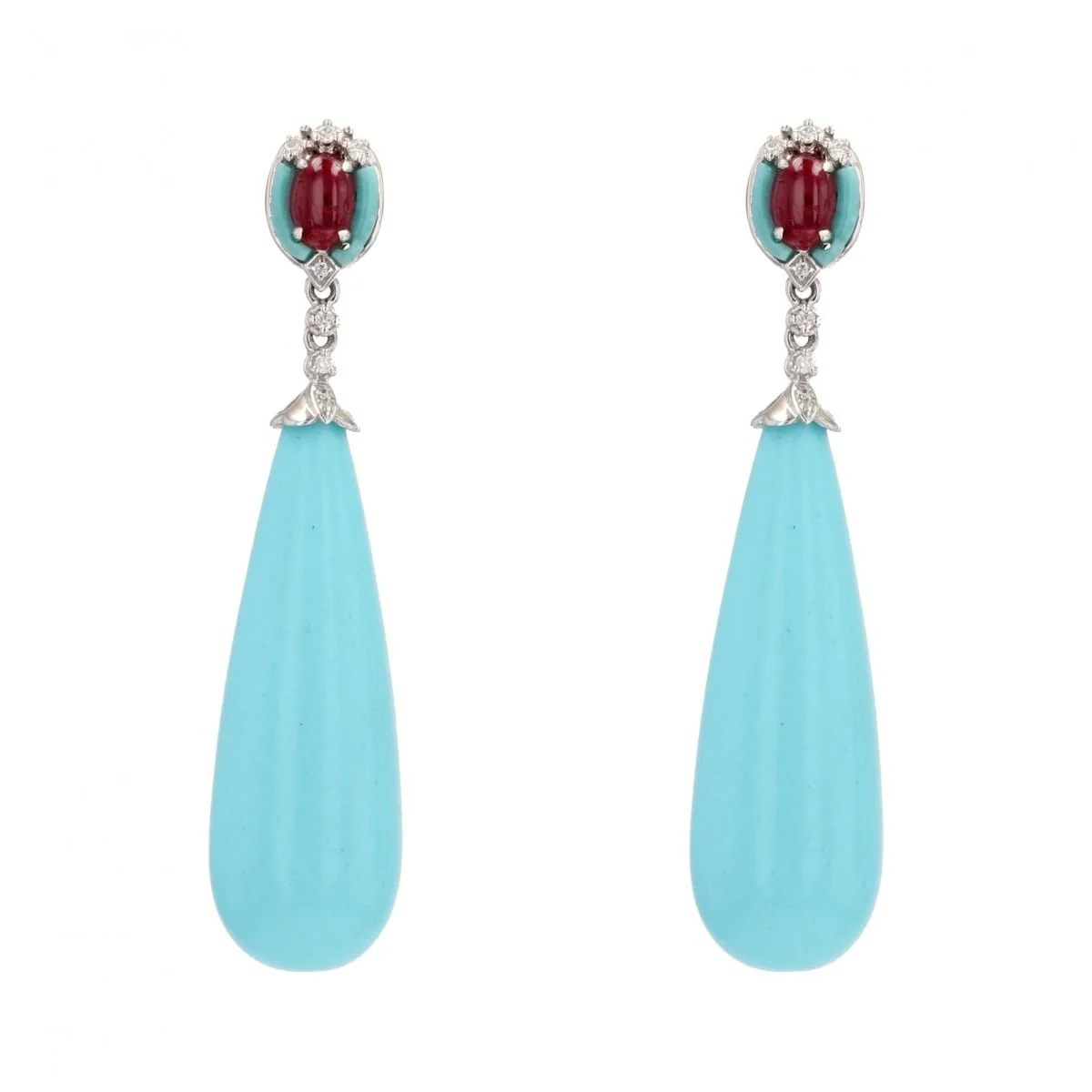 Boucles d'oreilles Pendantes en or blanc, rubis, turquoises et diamants