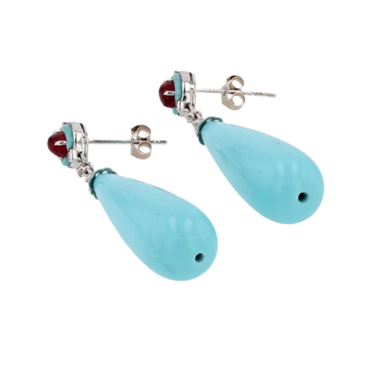 Boucles d'oreilles Pendantes en or blanc, rubis, turquoises et diamants - Image 3