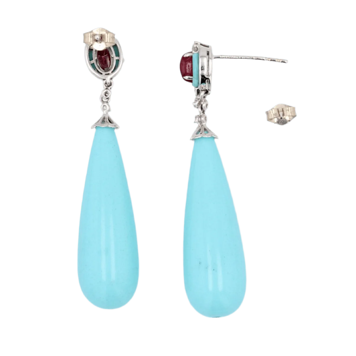 Boucles d'oreilles Pendantes en or blanc, rubis, turquoises et diamants - Image 4