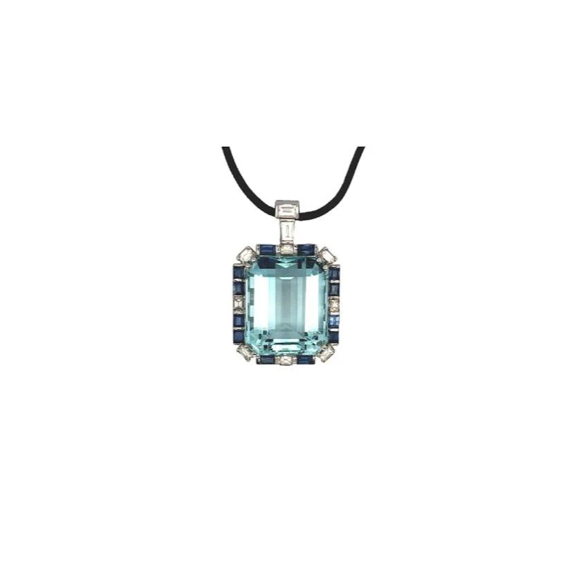 Pendentif en or blanc, aigue marine, saphirs et diamants - Image 3
