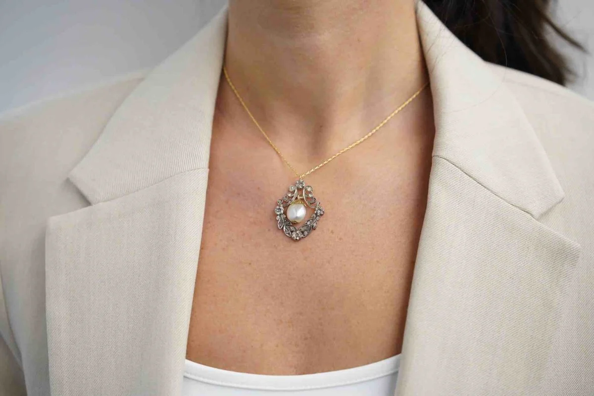 Pendentif ancien 19e perle et roses de diamants - Image 3