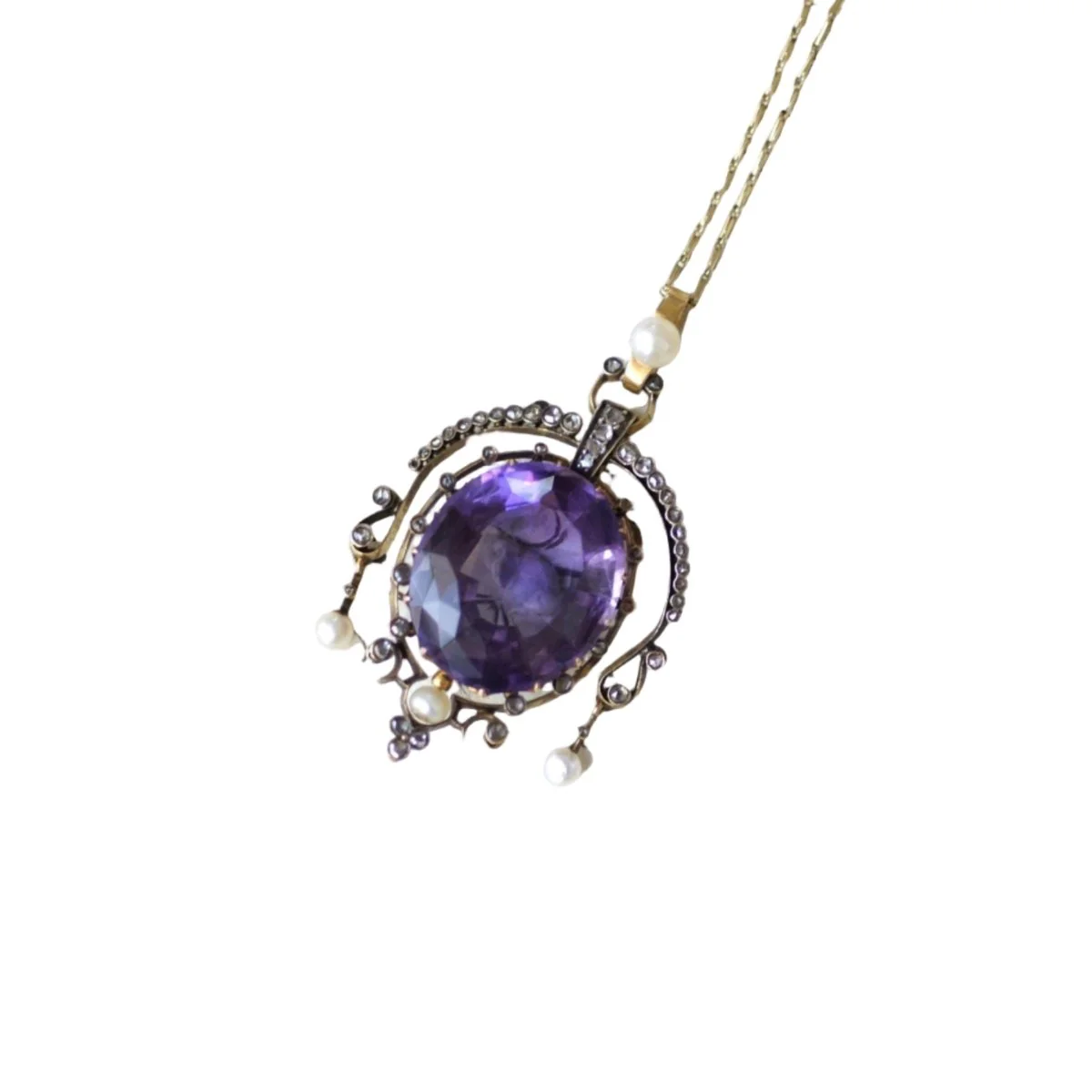Pendentif en or jaune, argent, améthyste, perle, et diamants - Image 12