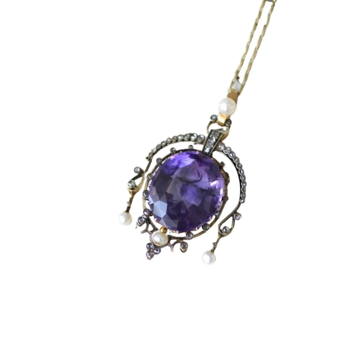 Pendentif en or jaune, argent, améthyste, perle, et diamants - Image 4