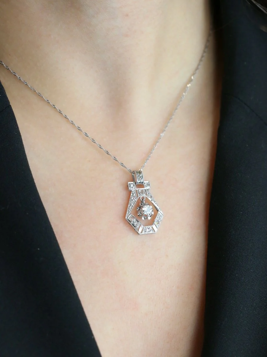 Pendentif Art Deco or blanc platine diamants - Image 2