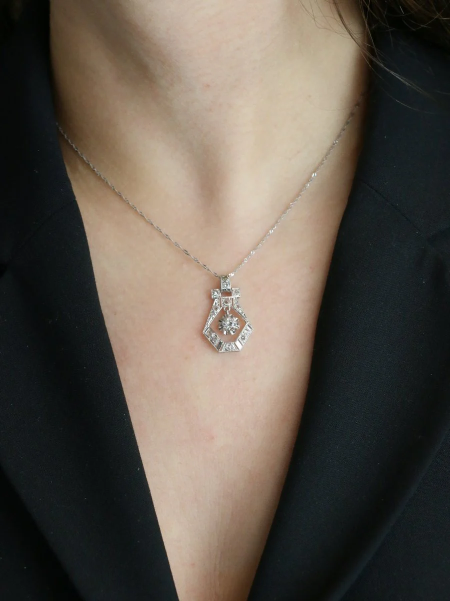 Pendentif Art Deco or blanc platine diamants - Image 4