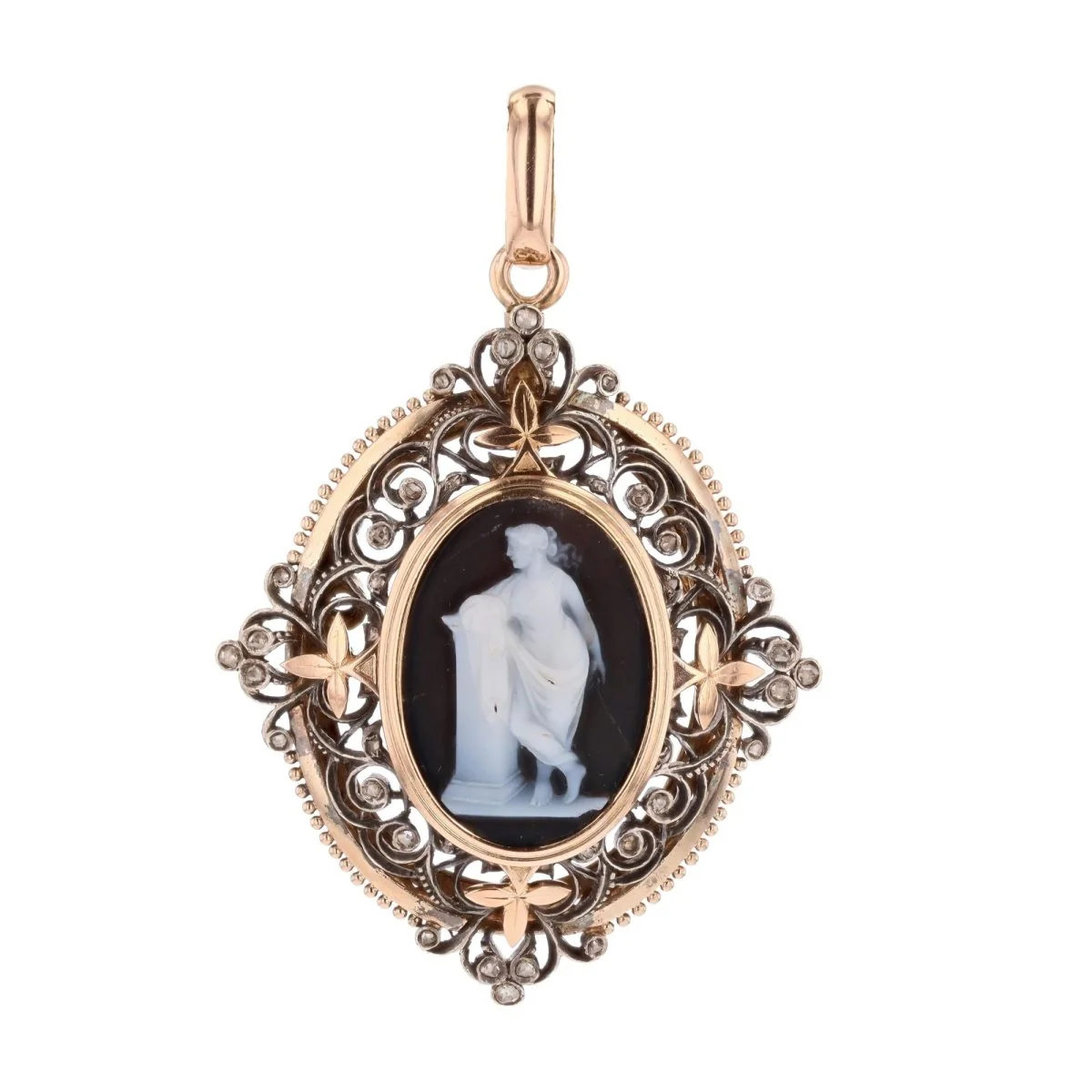 Pendentif broche camée en or rose et argent avec diamants