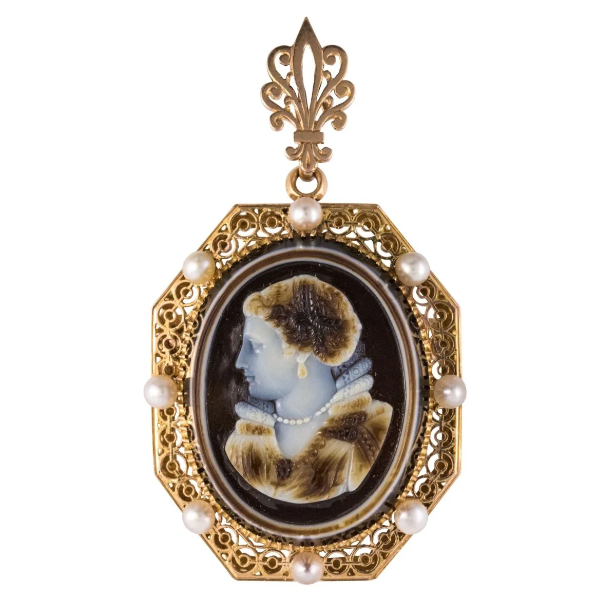 Pendentif en or jaune, agate et perles