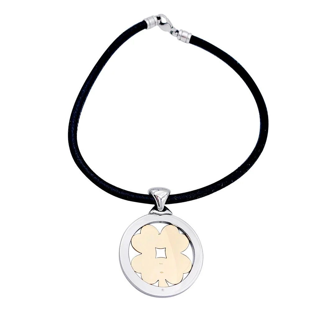 Collier Pendentif BULGARI "Tondo Trèfle" en acier et or jaune - Image 3