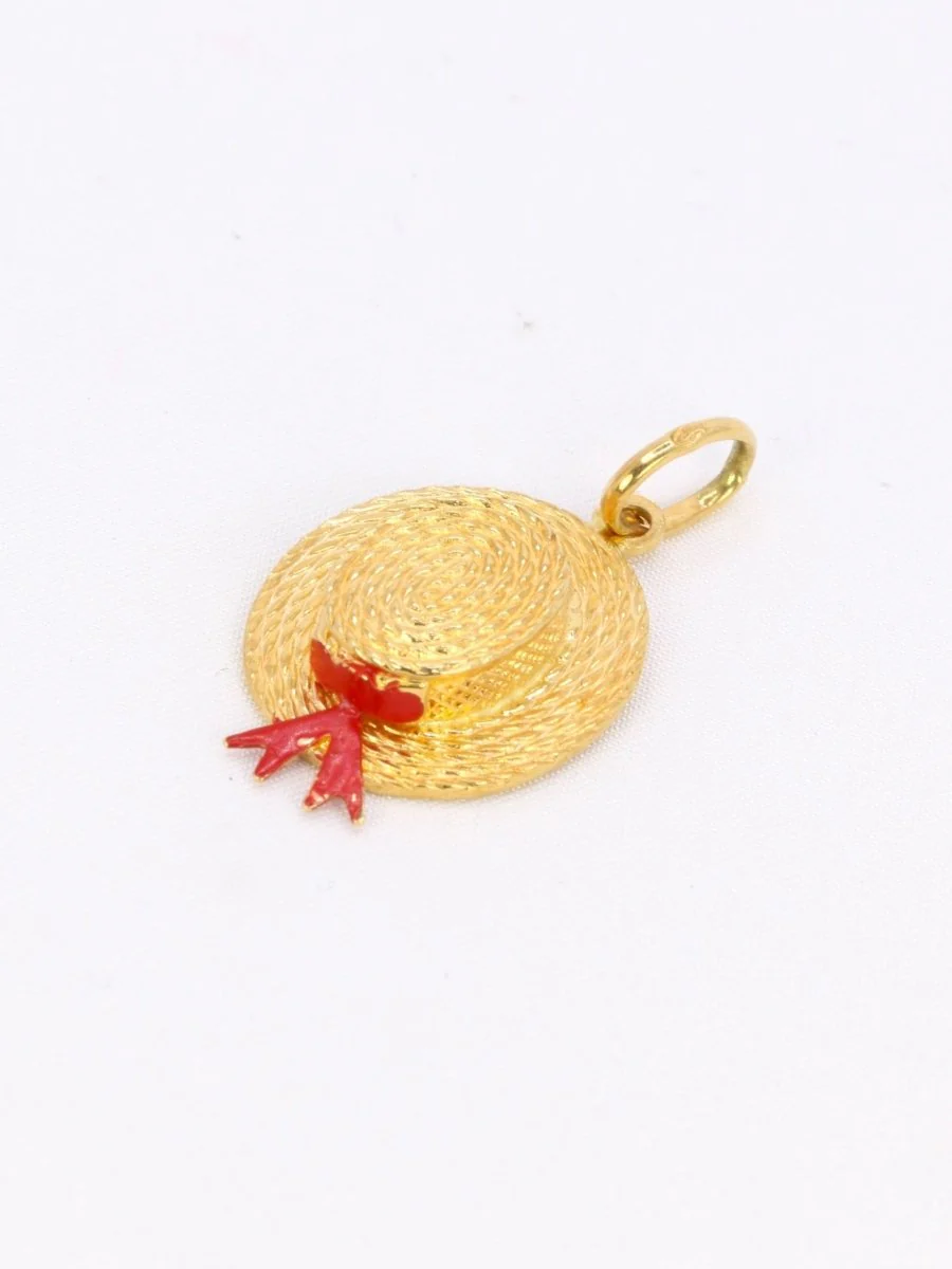 Pendentif charms vintage chapeau or jaune email rouge
