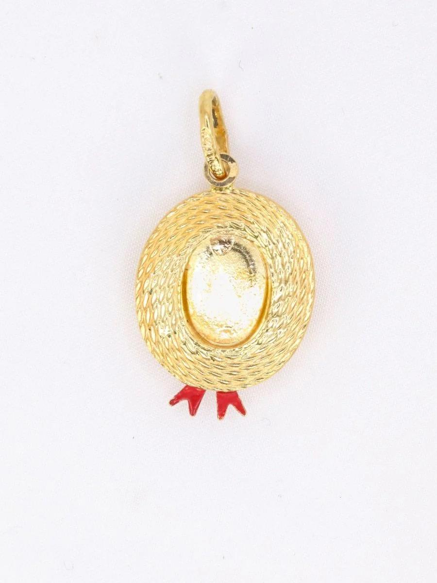 Pendentif charms vintage chapeau or jaune email rouge - Image 5