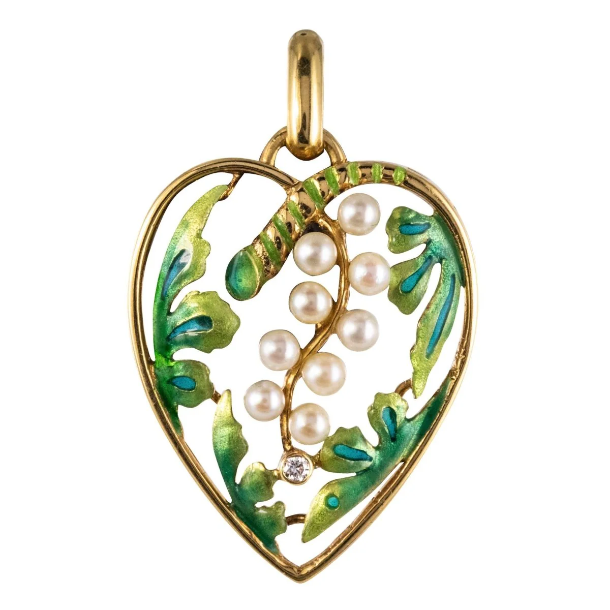 Pendentif en or jaune, perles, émail et diamant