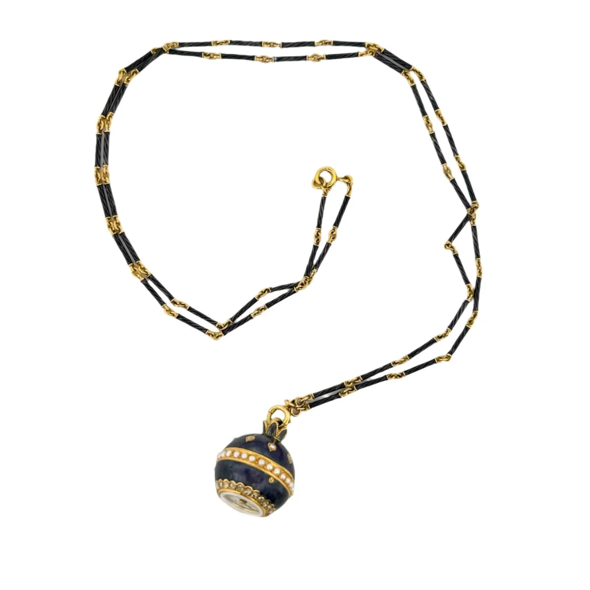 Pendentif Montre boule en or jaune, émail, perles et diamants