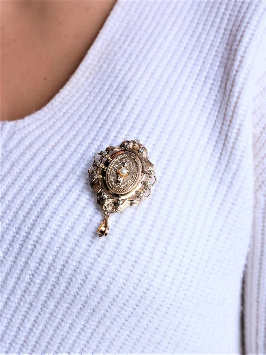 Pendentif en or jaune, perle et diamants - Image 3