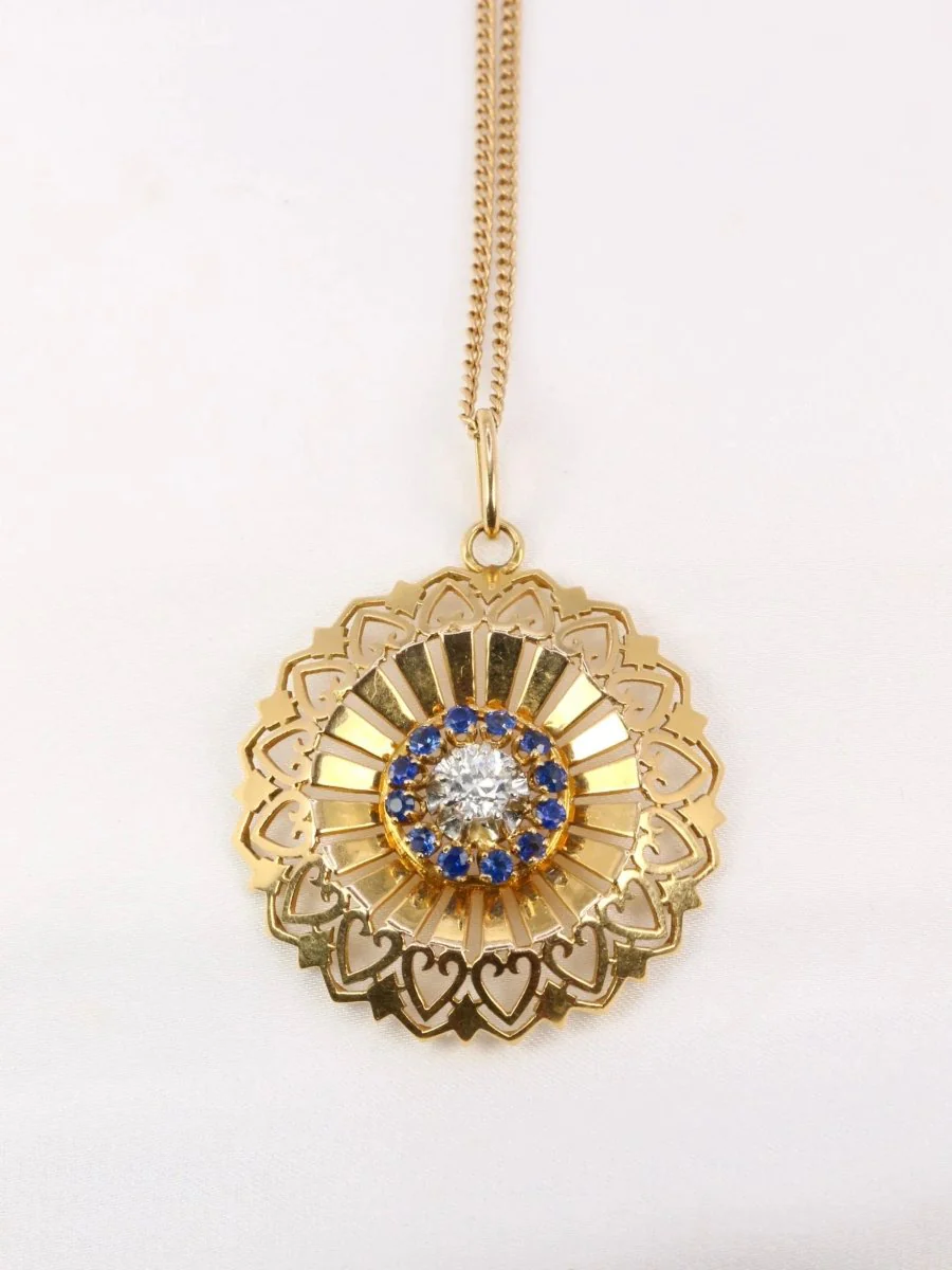 Pendentif rond vintage en or jaune, diamant et saphirs - Image 3