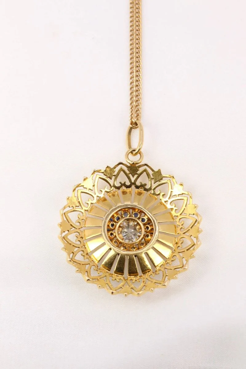Pendentif rond vintage en or jaune, diamant et saphirs - Image 4