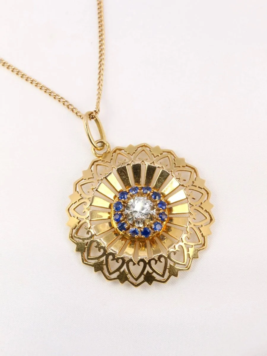 Pendentif rond vintage en or jaune, diamant et saphirs - Image 5