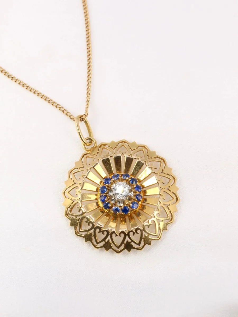 Pendentif rond vintage en or jaune, diamant et saphirs - Image 6