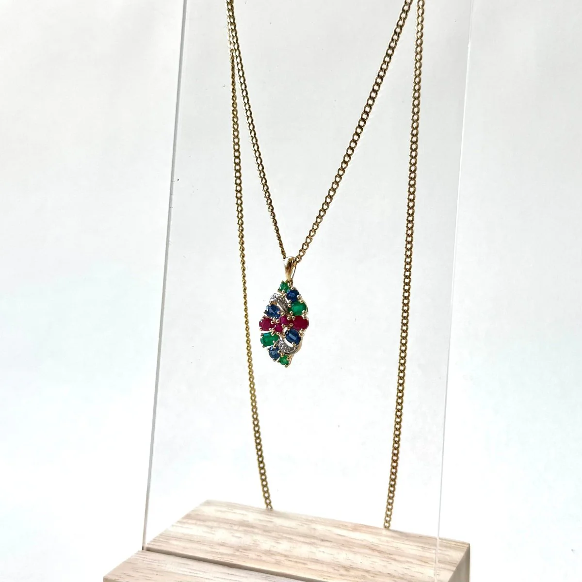Pendentif Tutti Frutti feuille en or jaune et émeraude, saphir, rubis, diamant - Image 2