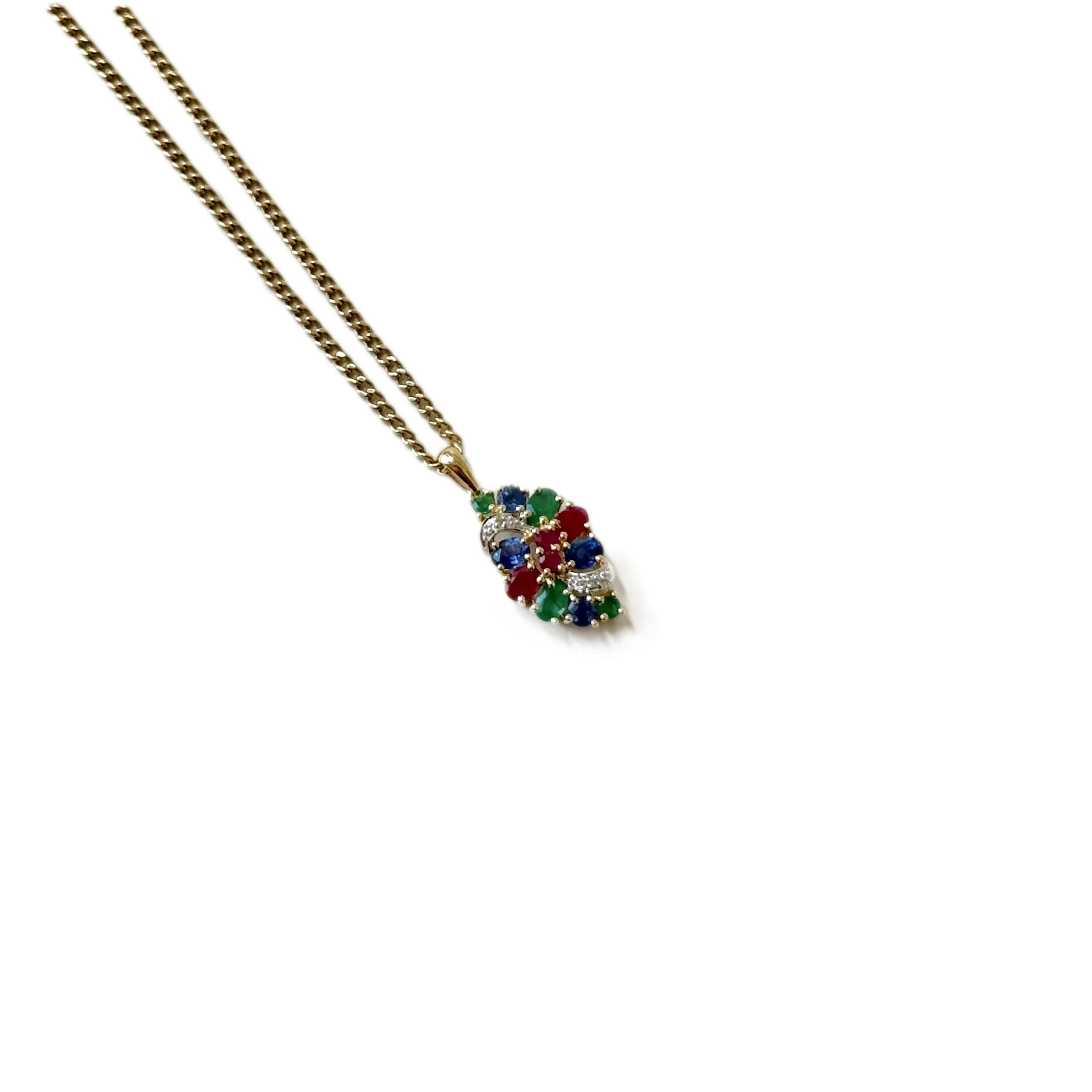Pendentif Tutti Frutti feuille en or jaune et émeraude, saphir, rubis, diamant - Image 3