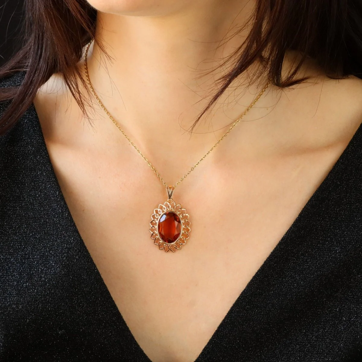 Pendentif vintage en or rose et verre orange - Image 2