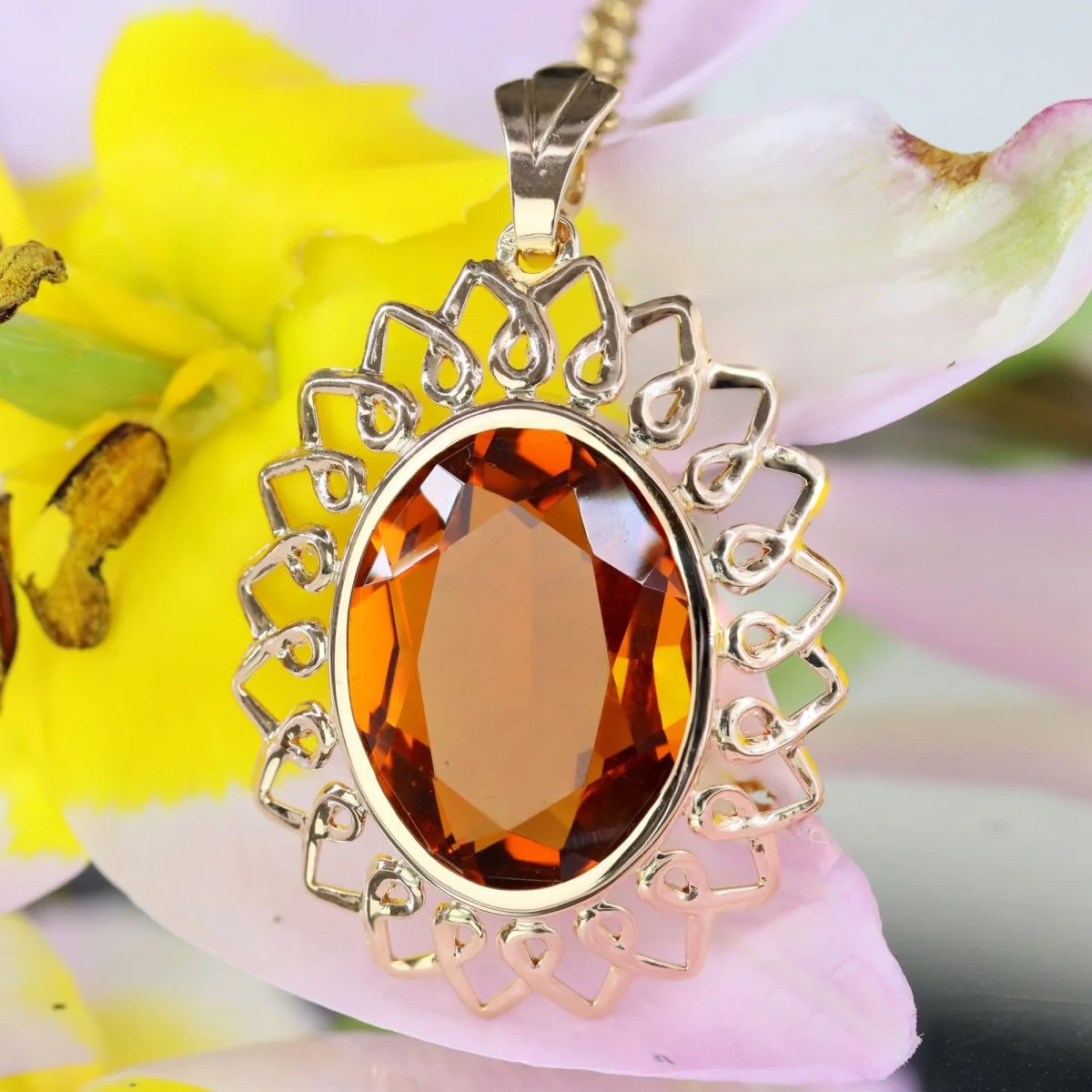 Pendentif vintage en or rose et verre orange - Image 3