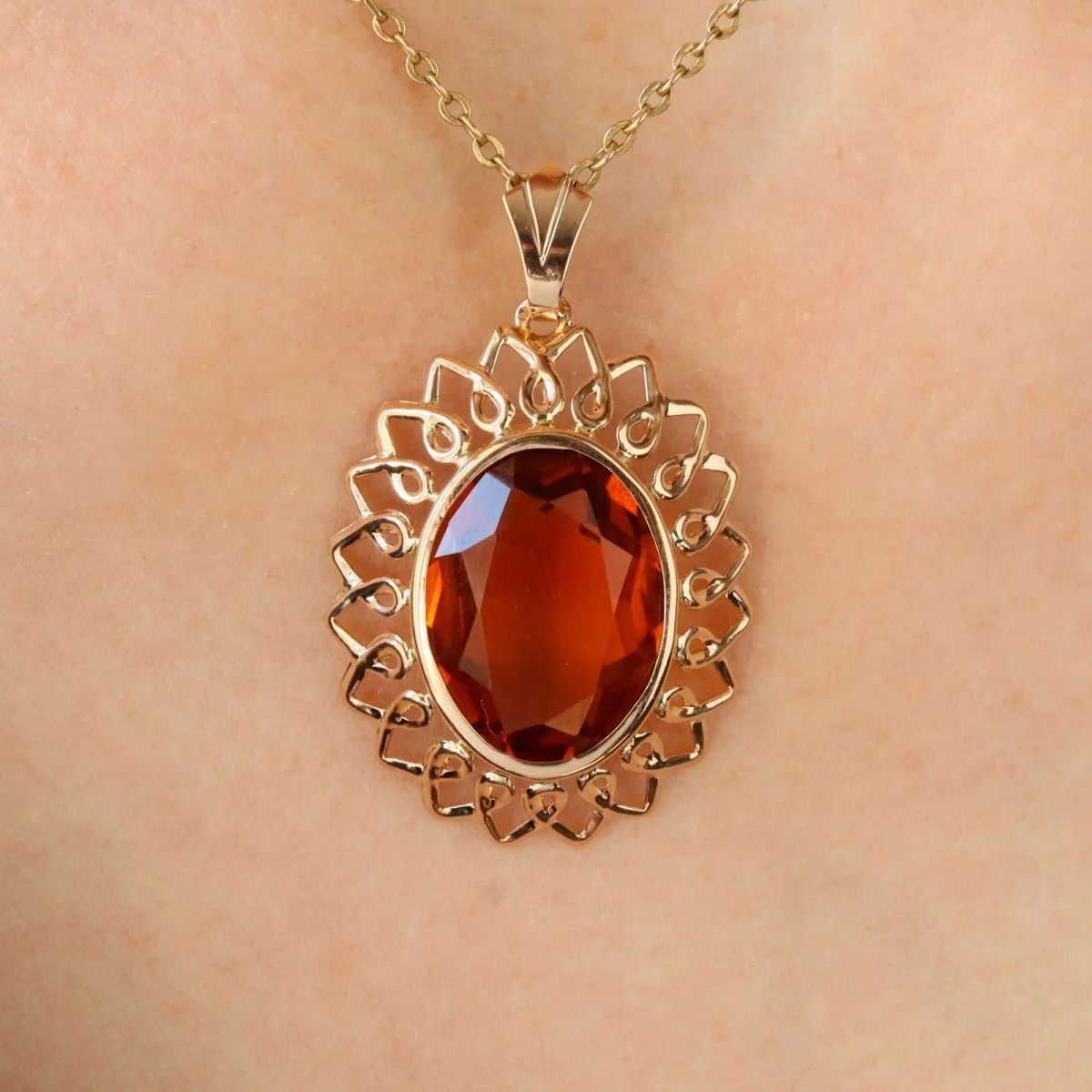 Pendentif vintage en or rose et verre orange - Image 7