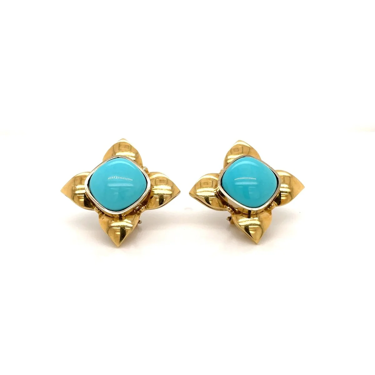 Boucles d'oreilles rétro Turquoise et Fleur d'or - Image 2