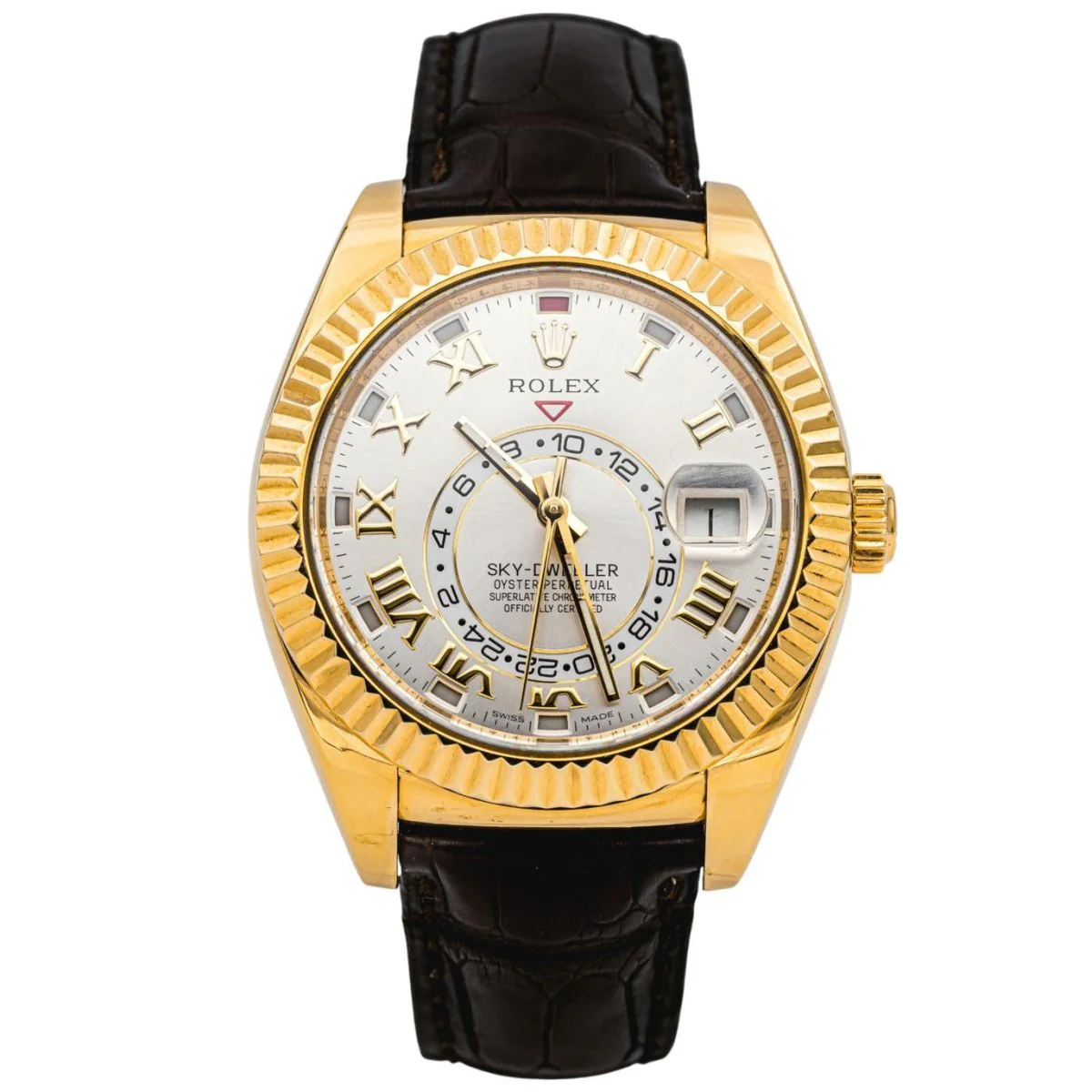 Montre ROLEX "Sky-Dweller" en or jaune, argent, cuir et saphir