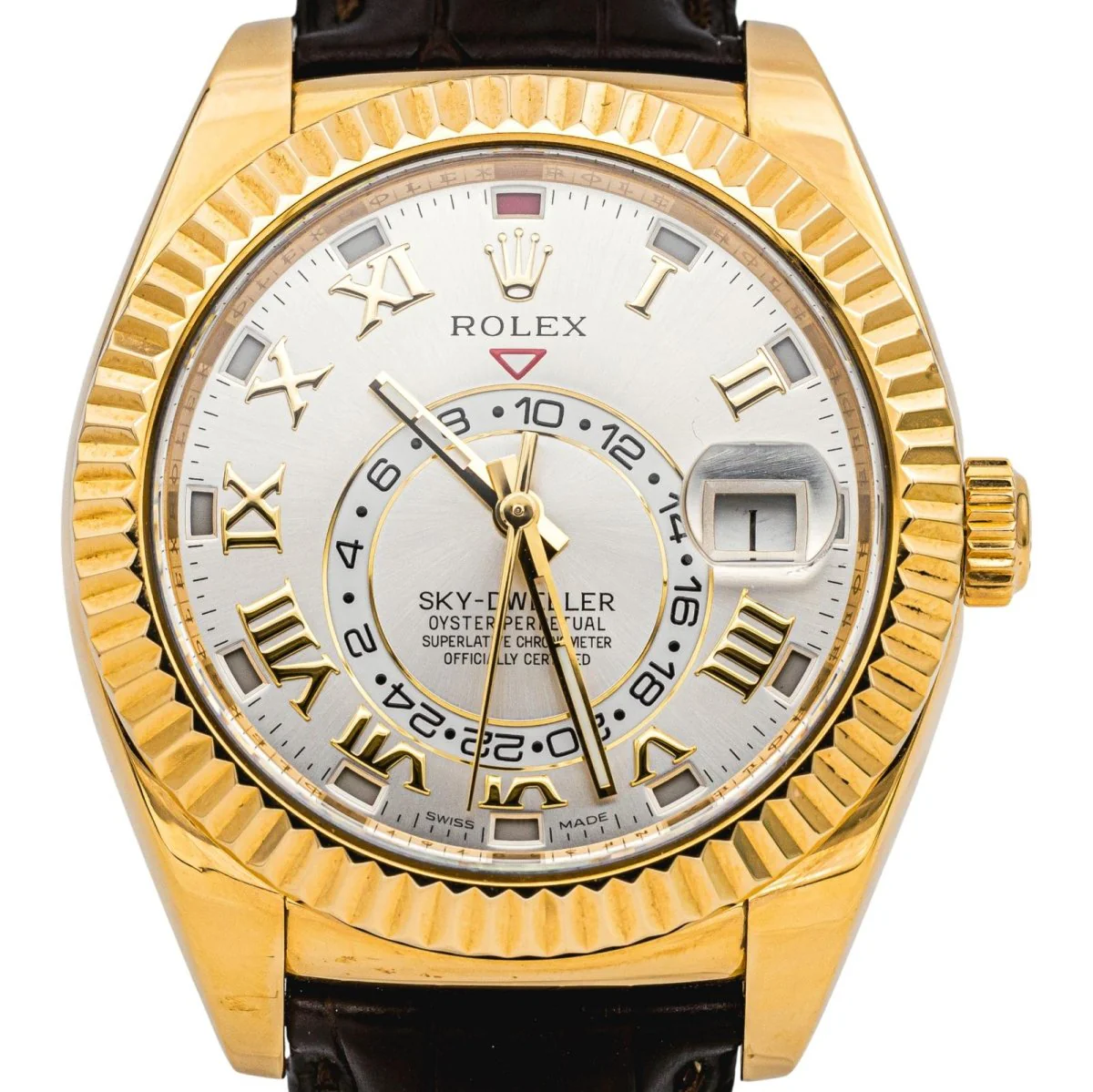 Montre ROLEX "Sky-Dweller" en or jaune, argent, cuir et saphir - Image 3