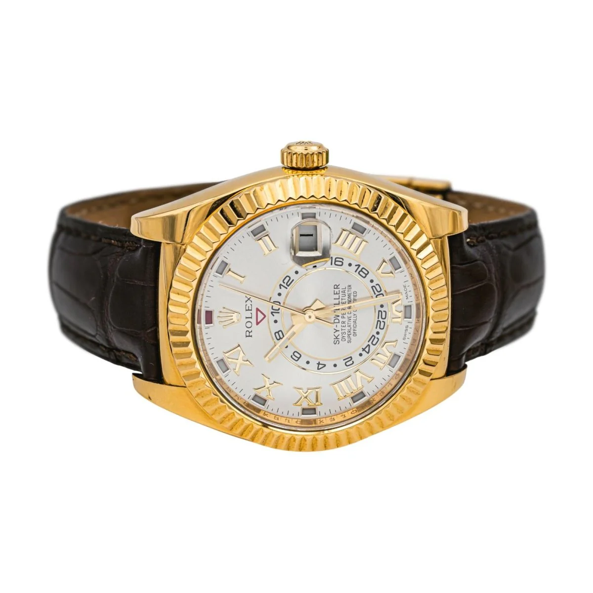 Montre ROLEX "Sky-Dweller" en or jaune, argent, cuir et saphir - Image 5