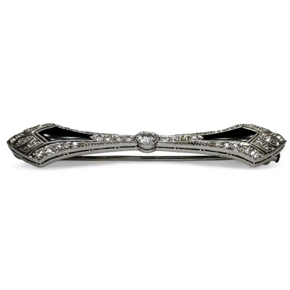 Broche barrette Art-Déco en platine, diamants et onyx. - Image 2