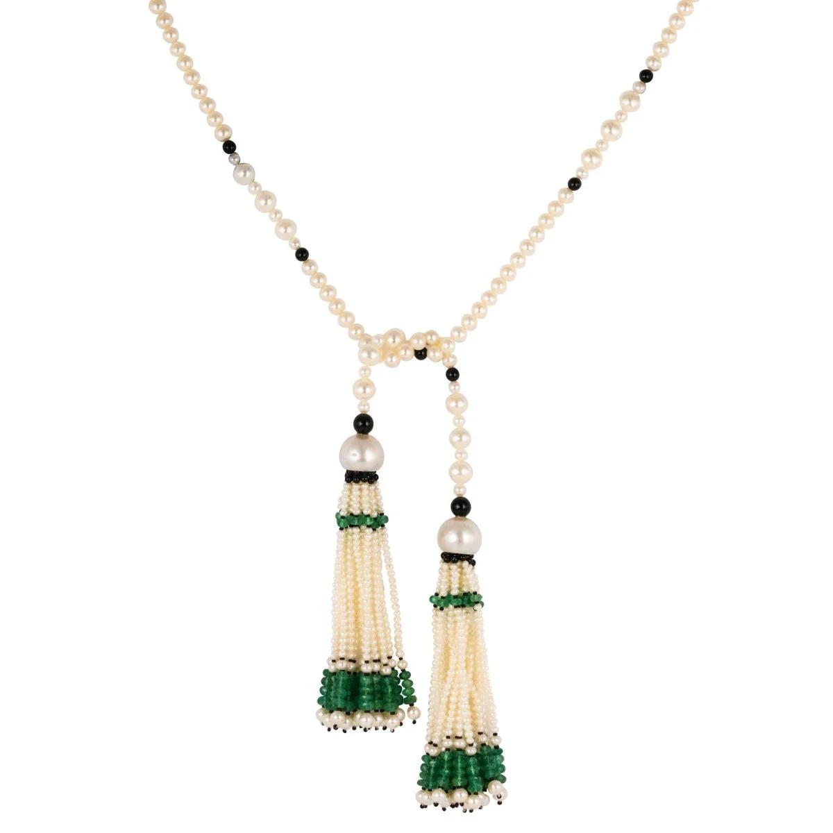 Collier Sautoir en onyx, perles et émeraudes