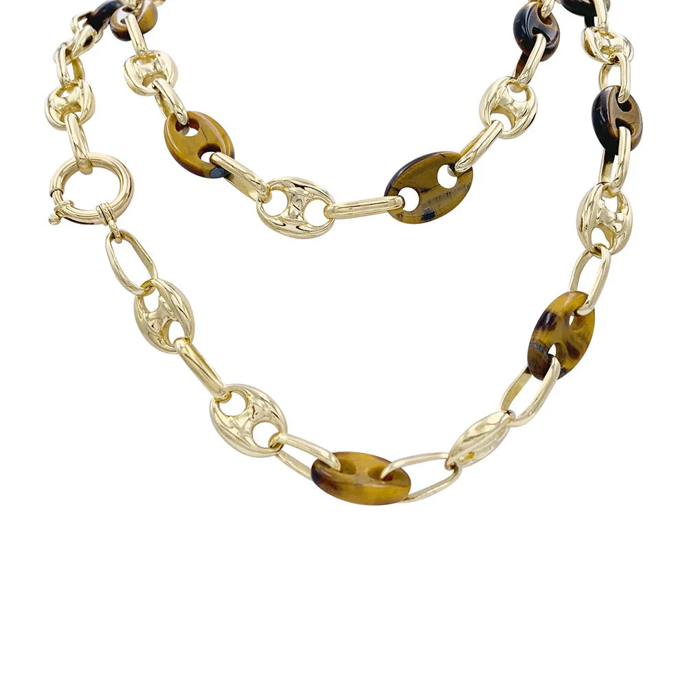 Sautoir vintage grains de café, or jaune et oeil de tigre
