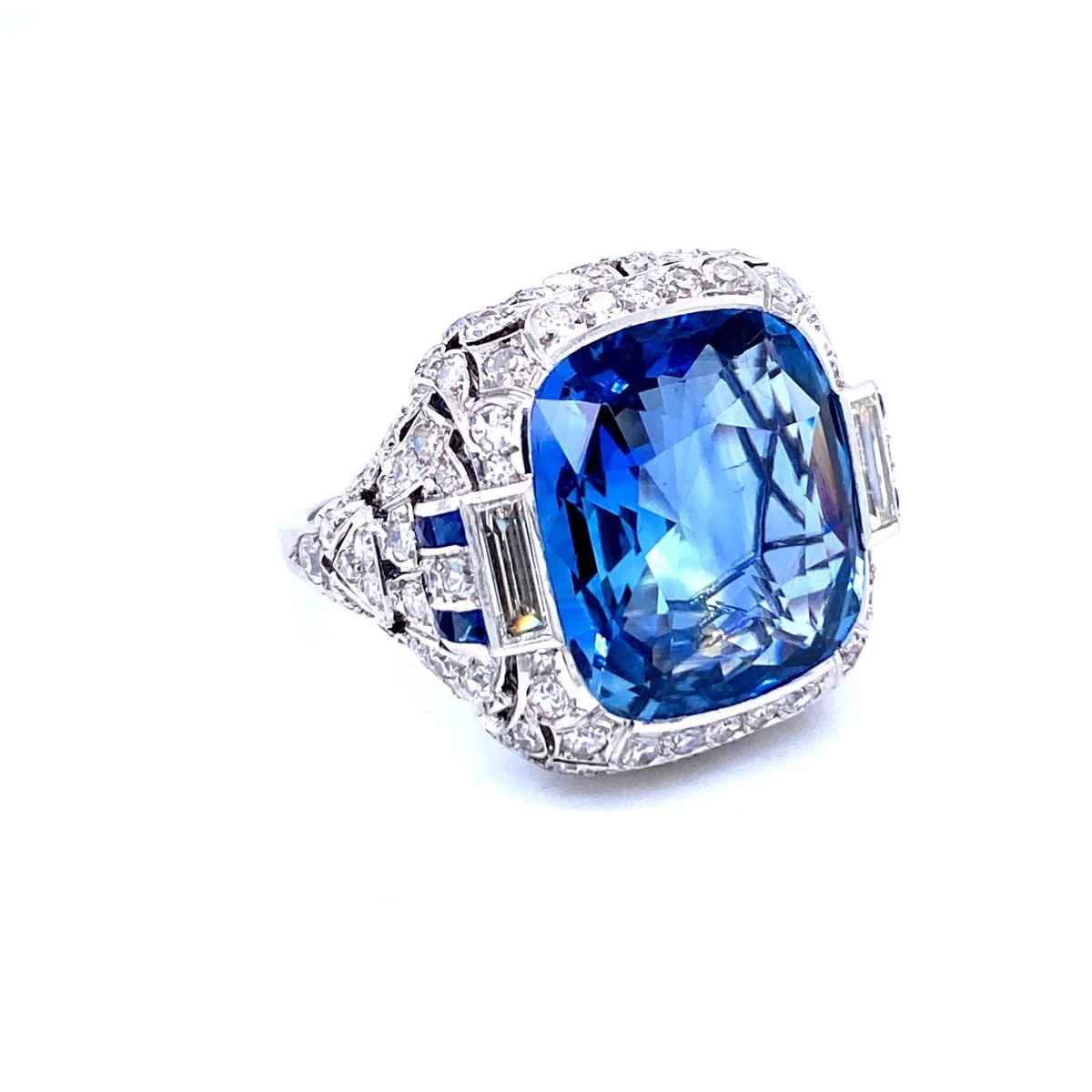 Ssef/Gubelin Certified 17 Carat Sapphire Art Deco Diamond Platinum Ring - Image 4