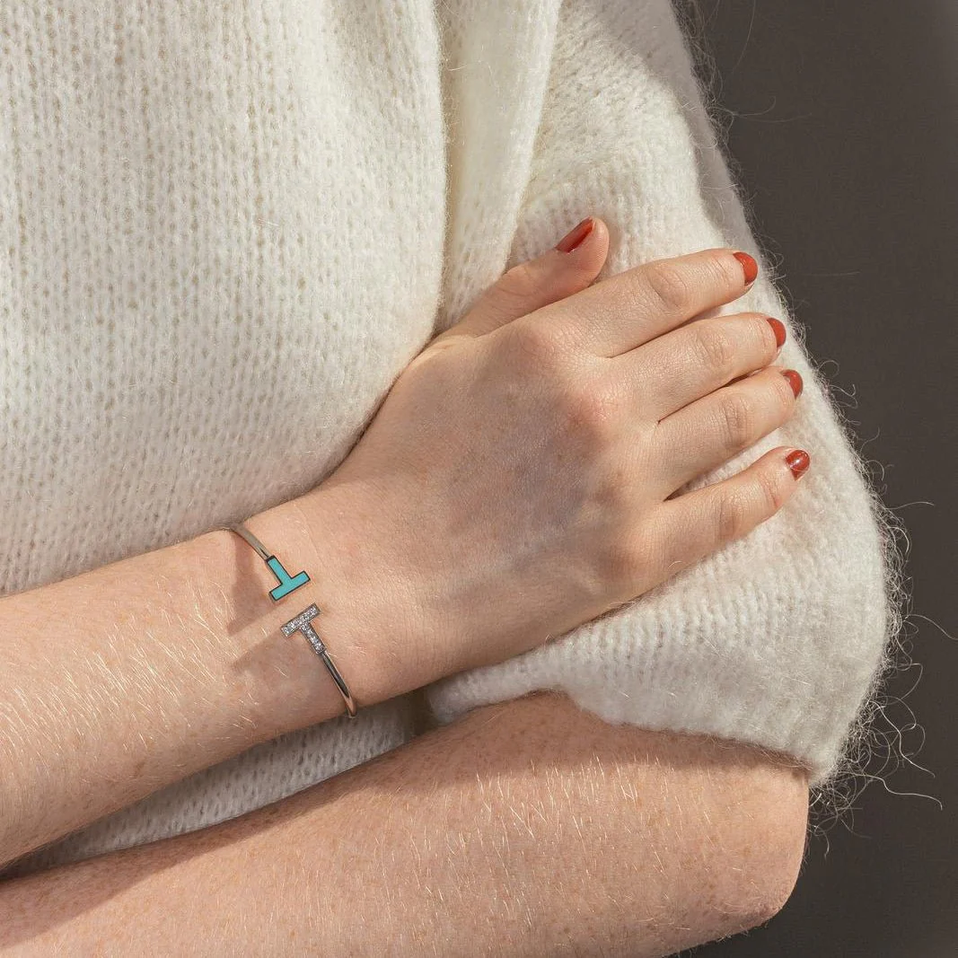 Bracelet Jonc TIFFANY & CO. "Tiffany T" en or blanc, turquoise et diamants - Image 2