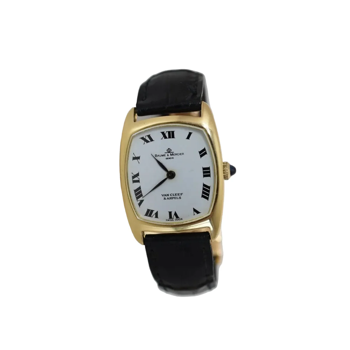 Montre BAUME & MERCIER pour VAN CLEEF & ARPELS en or jaune, cuir et saphir