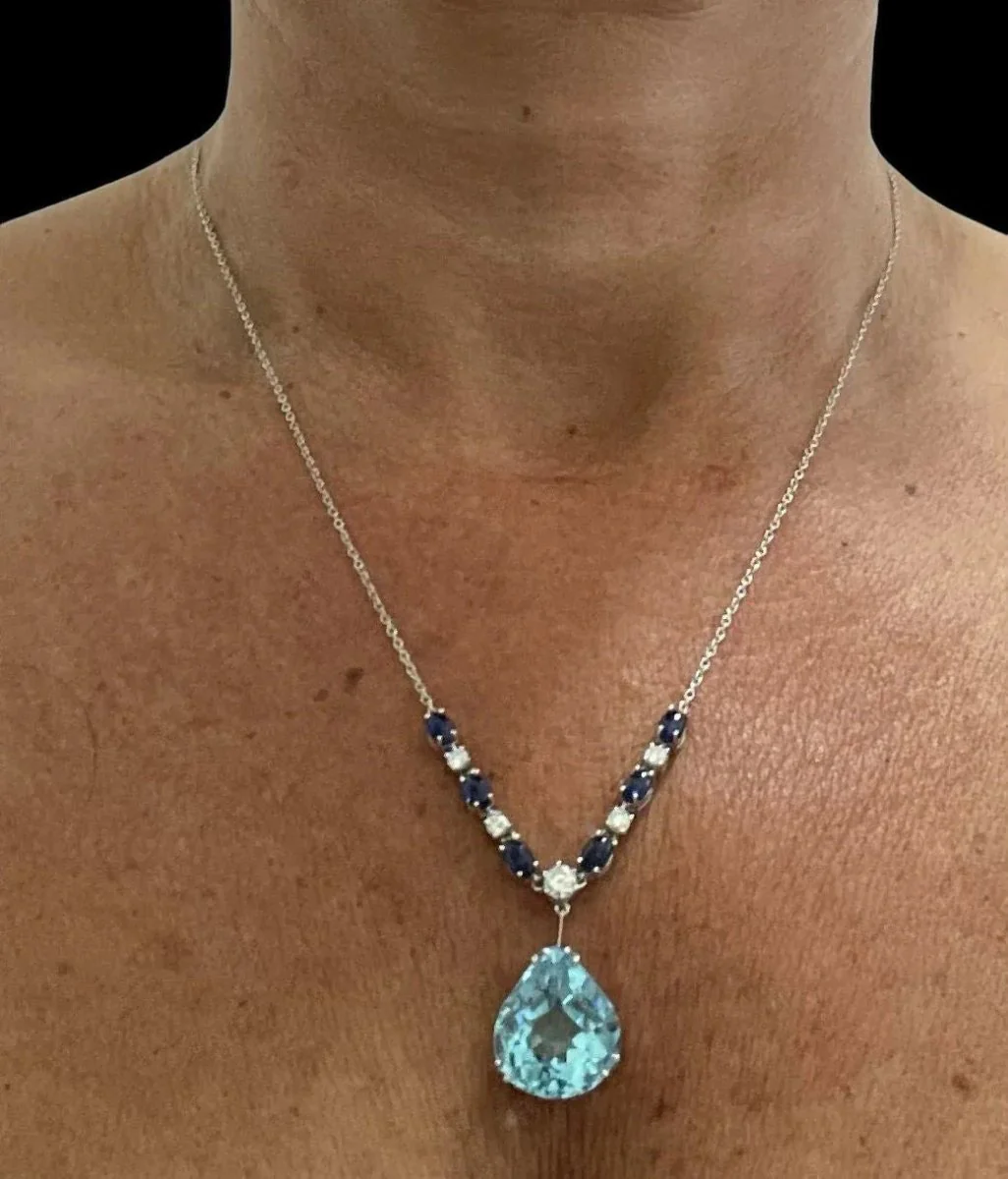 Vintage 12 Carat Aquamarine Diamond Sapphire Pendant Necklace - Image 7